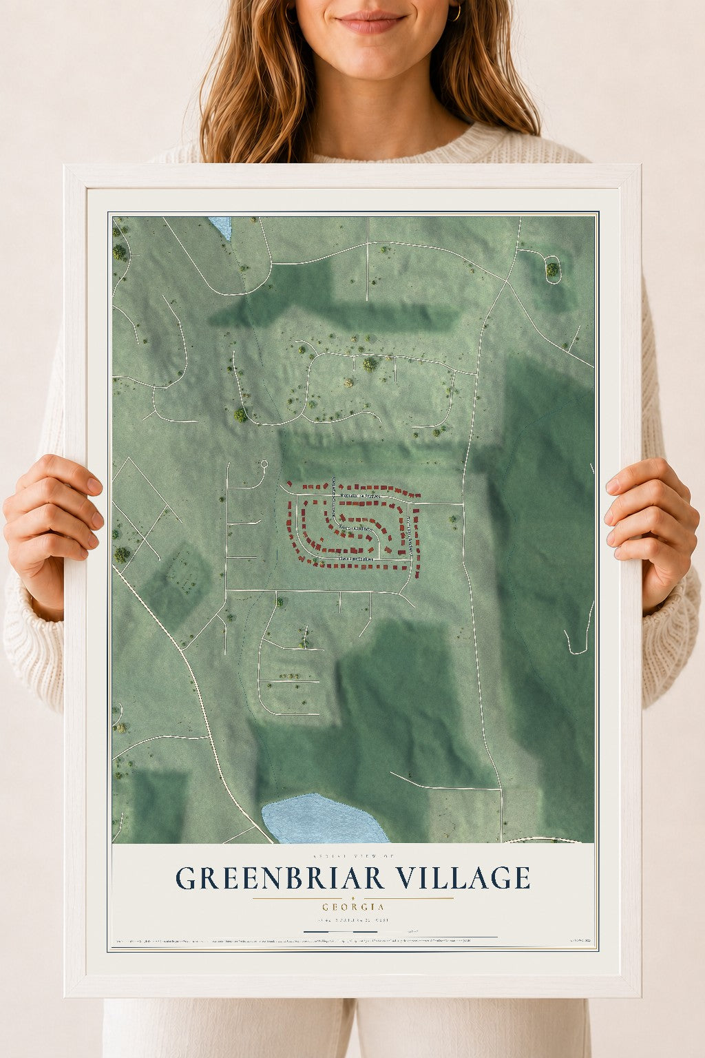 Greenbriar Village, Georgia map print, 18" x 24" W/ White Ayous Wood Frame mockup