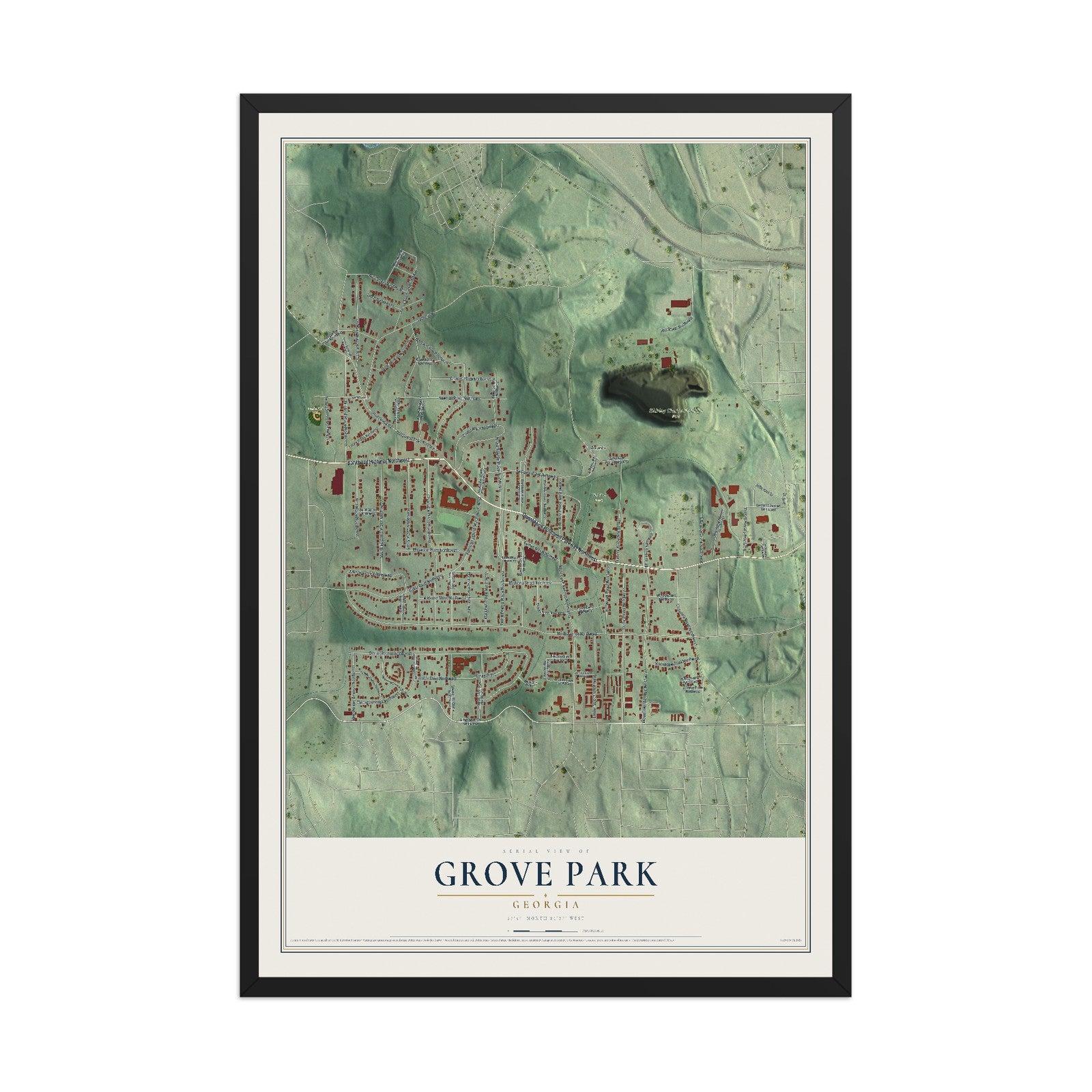 Grove Park, Georgia map print, 12" x 18" W/ Black Ayous Wood Frame mockup