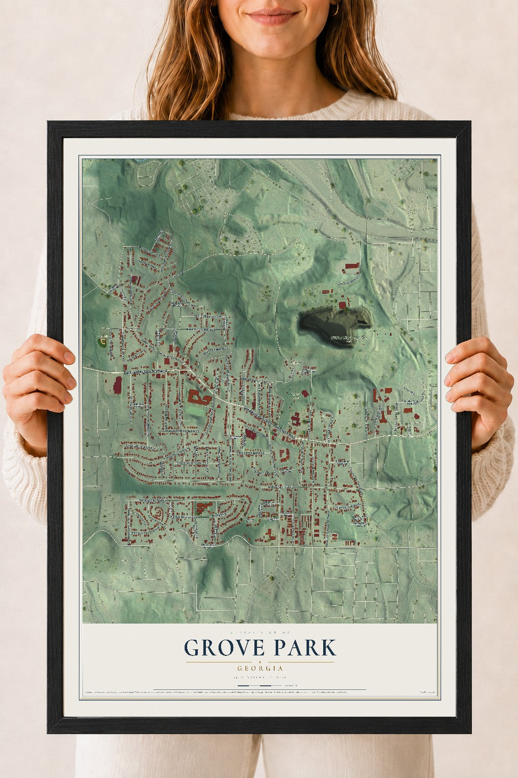 Grove Park, Georgia map print, 18" x 24" W/ Black Ayous Wood Frame mockup