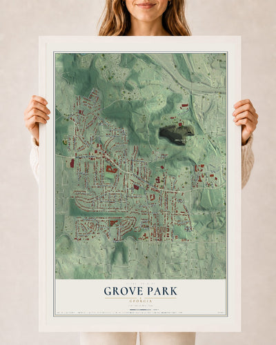 Grove Park, Georgia map print, 24" x 36" W/ White Ayous Wood Frame mockup