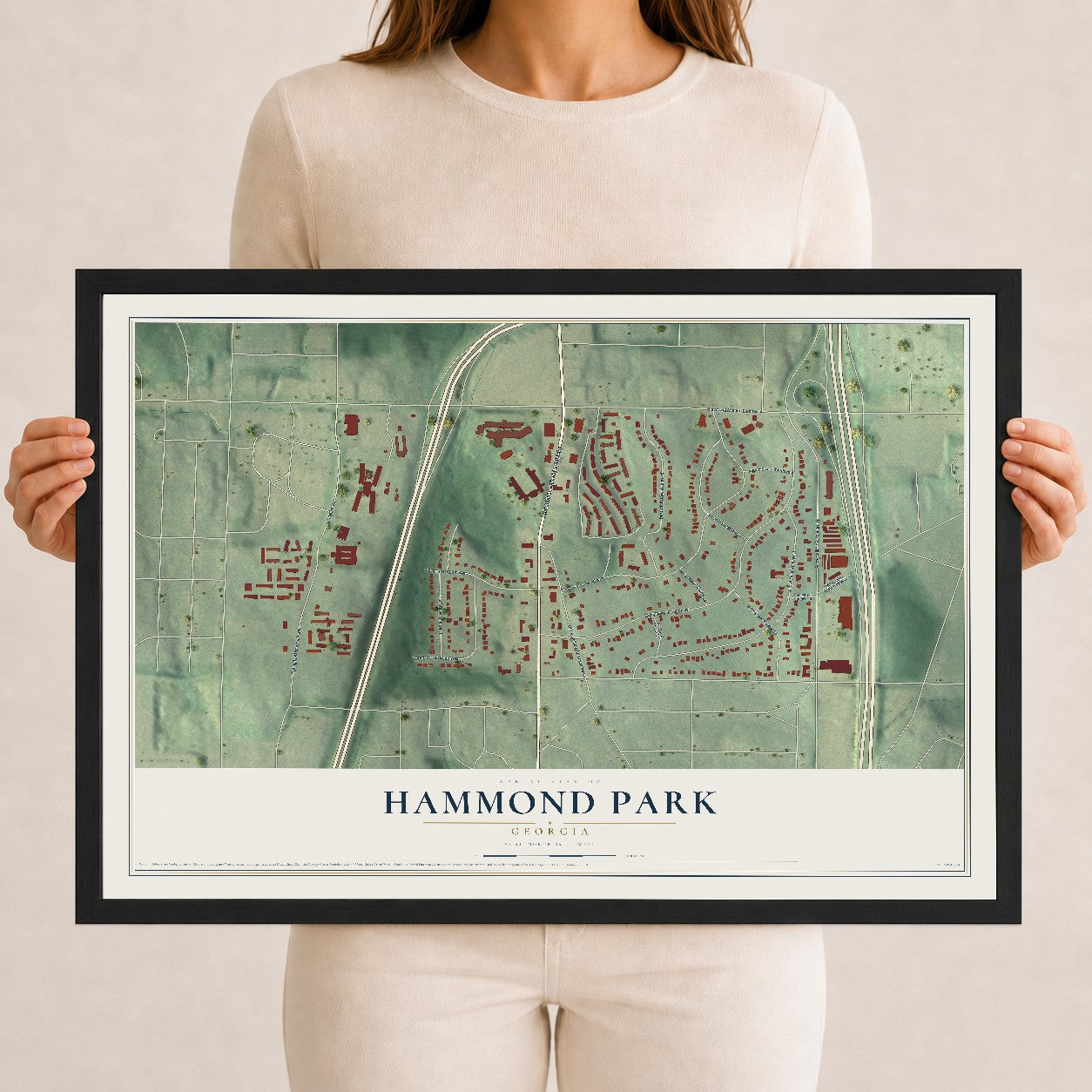 Hammond Park, Georgia map print, 12" x 18" W/ Black Ayous Wood Frame mockup