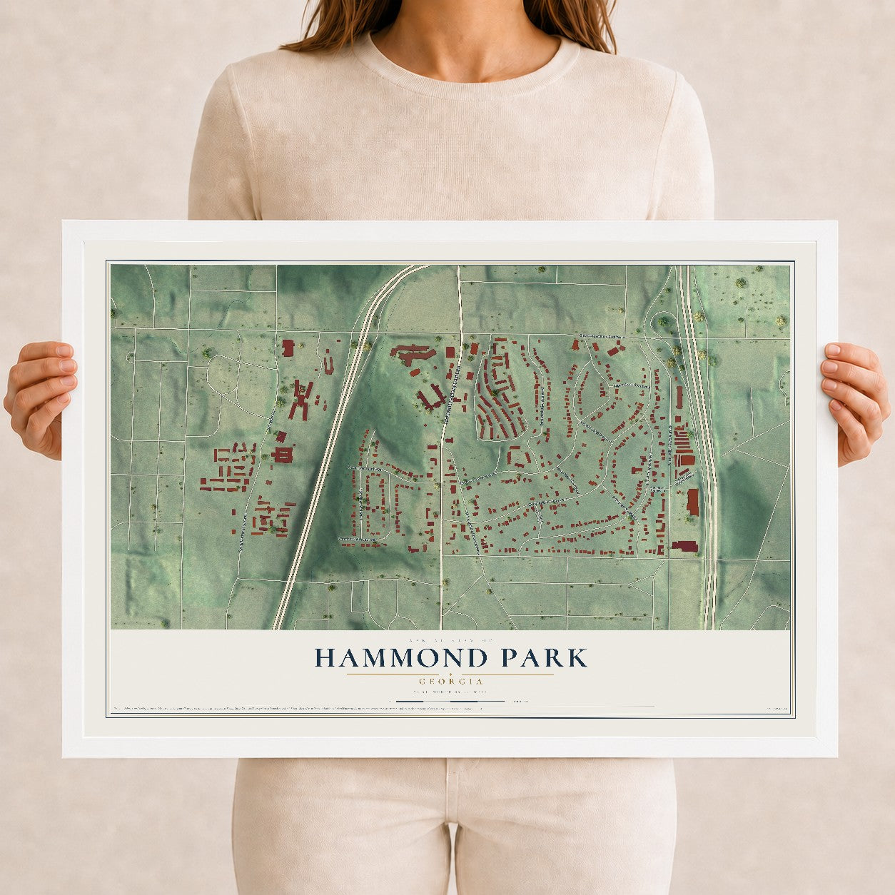 Hammond Park, Georgia map print, 12" x 18" W/ White Ayous Wood Frame mockup