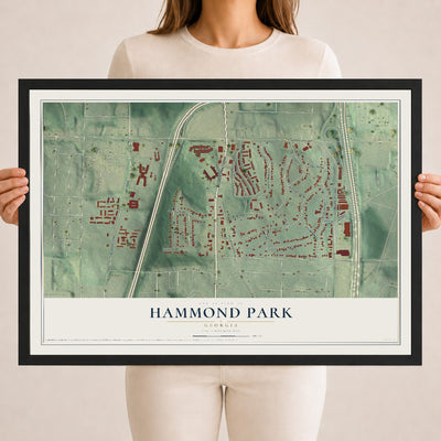 Hammond Park, Georgia map print, 18" x 24" W/ Black Ayous Wood Frame mockup