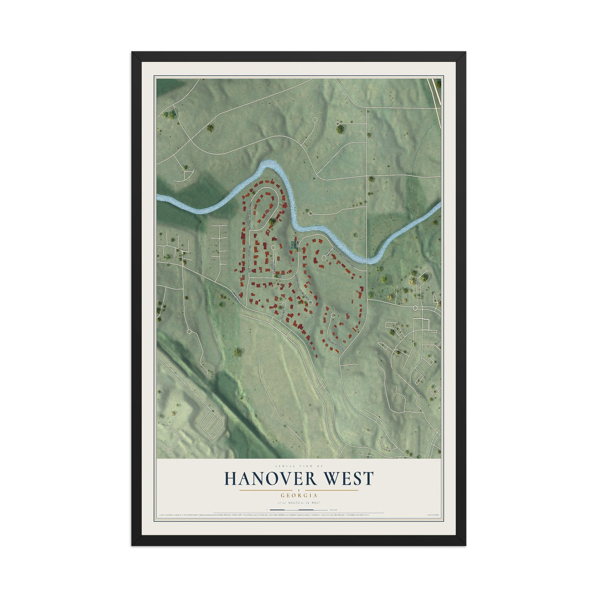 Hanover West, Georgia map print, 12" x 18" W/ Black Ayous Wood Frame mockup