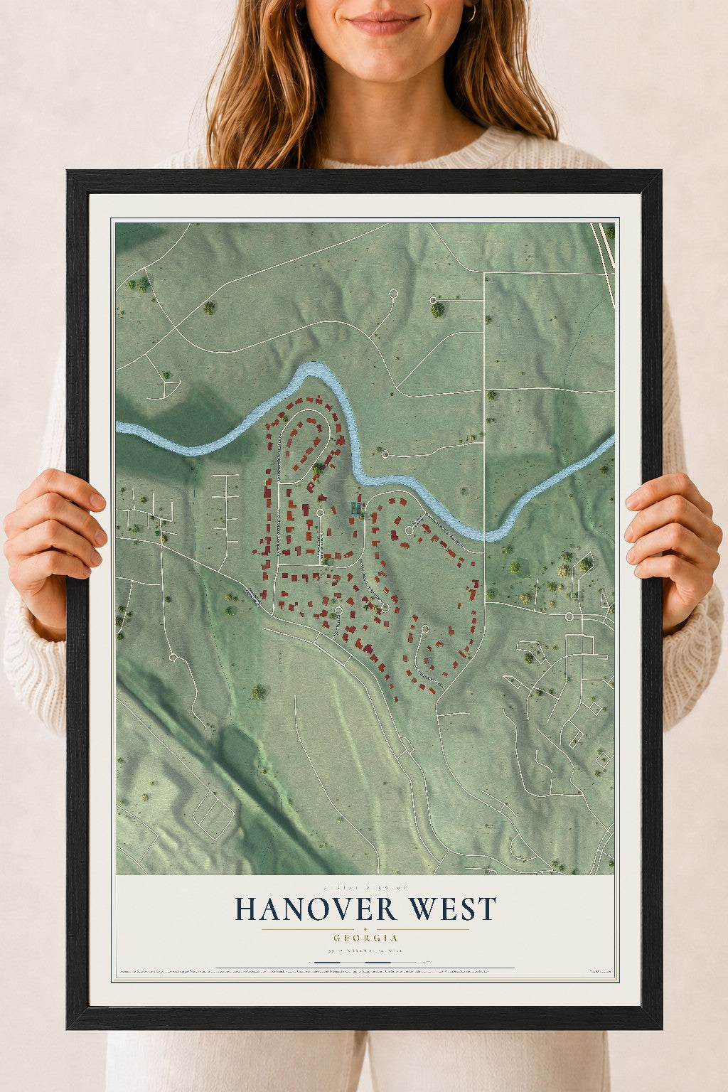 Hanover West, Georgia map print, 18" x 24" W/ Black Ayous Wood Frame mockup