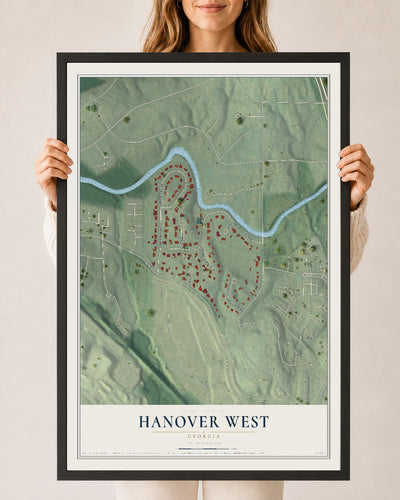 Hanover West, Georgia map print, 24" x 36" W/ Black Ayous Wood Frame mockup