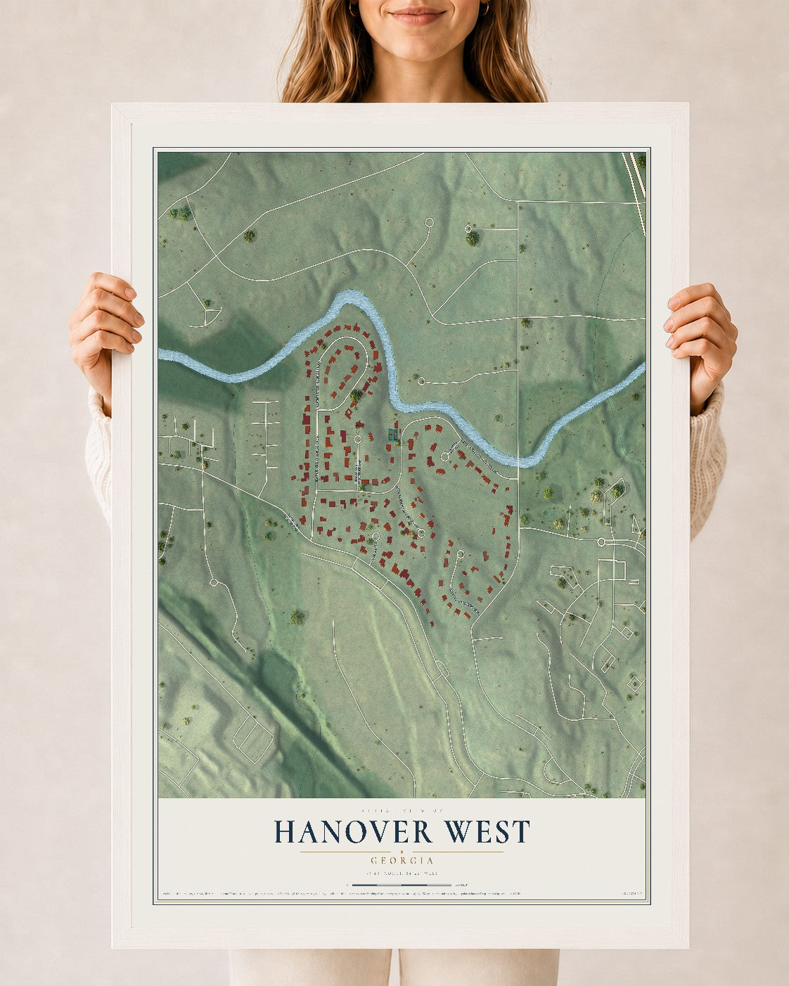Hanover West, Georgia map print, 24" x 36" W/ White Ayous Wood Frame mockup