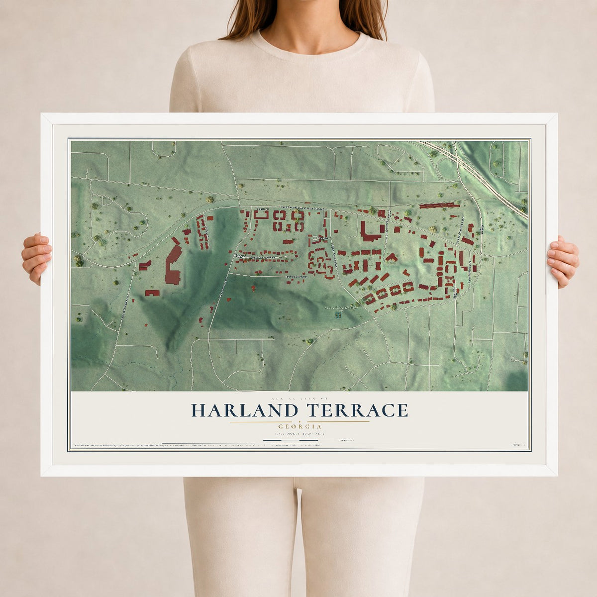 Harland Terrace, Georgia map print, 24" x 36" W/ White Ayous Wood Frame mockup