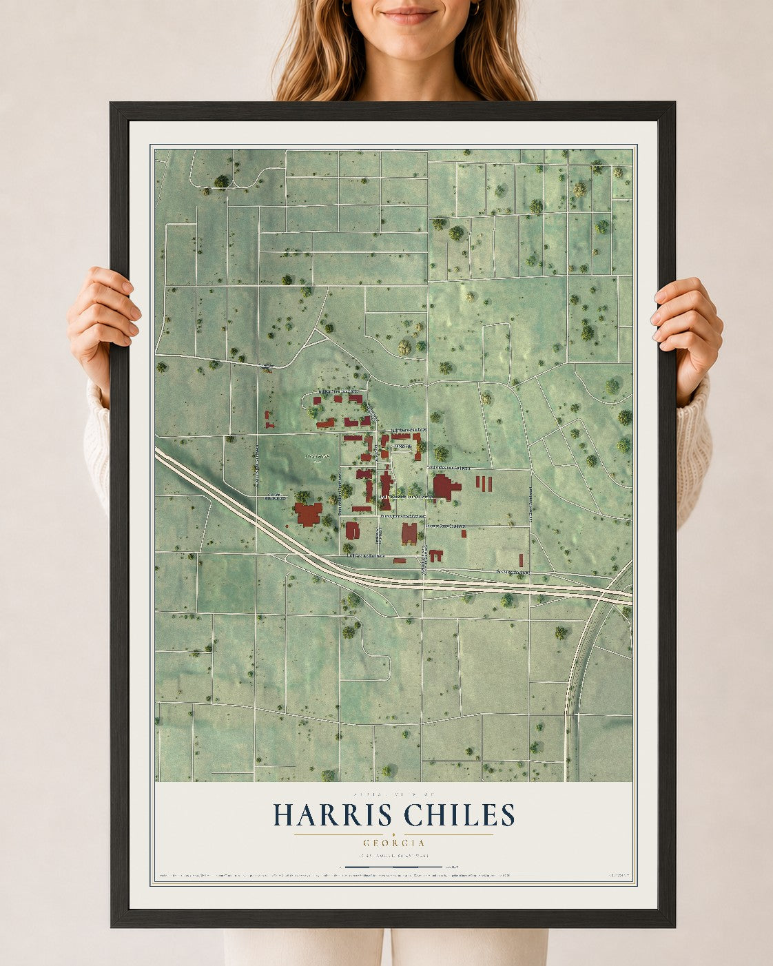 Harris Chiles, Georgia map print, 24" x 36" W/ Black Ayous Wood Frame mockup