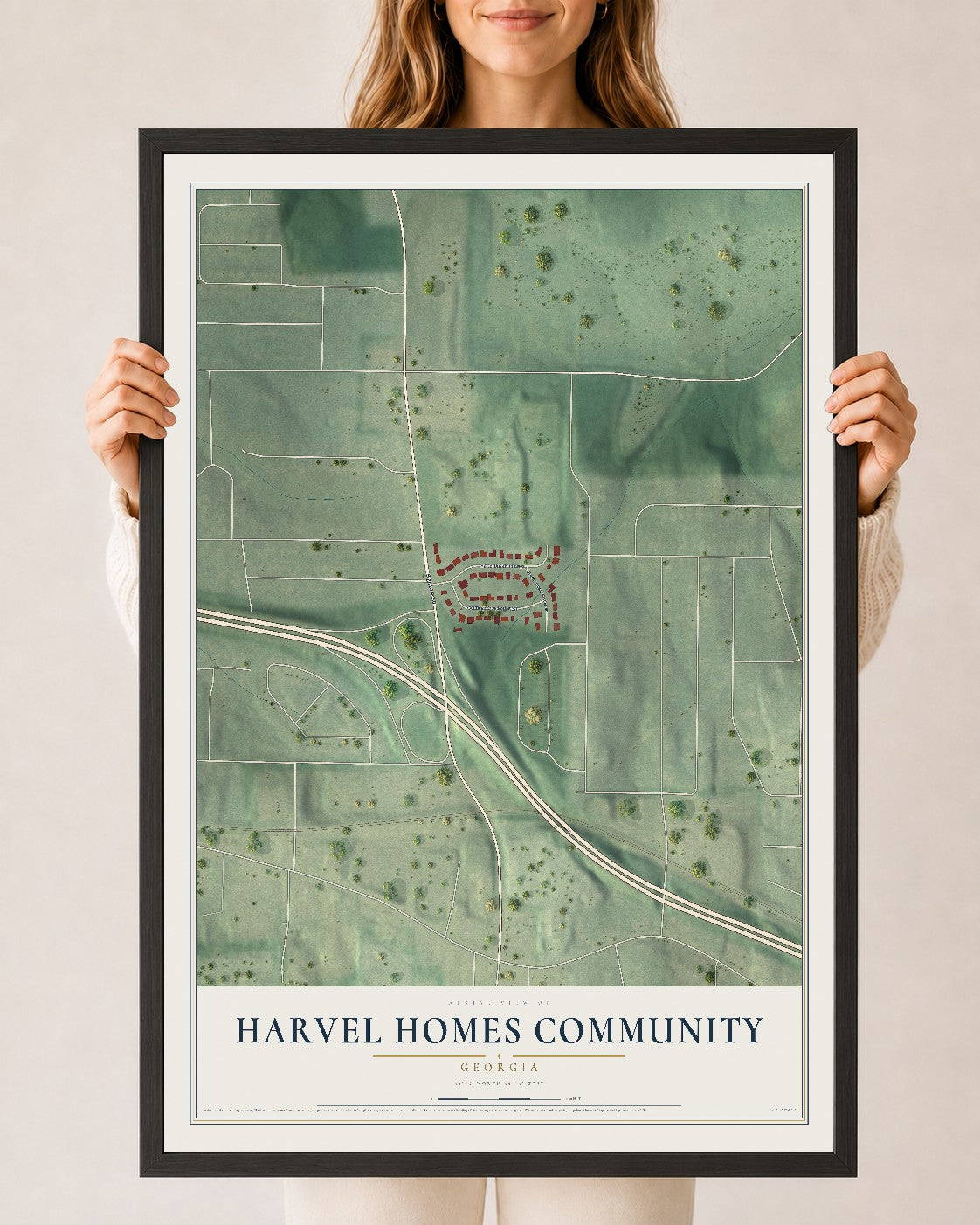 Harvel Homes Community, Georgia map print, 24" x 36" W/ Black Ayous Wood Frame mockup