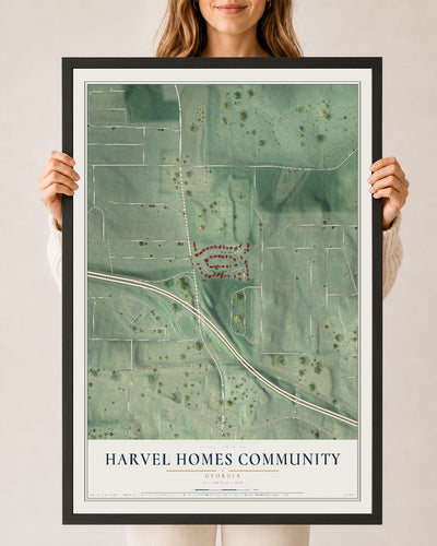 Harvel Homes Community, Georgia map print, 24" x 36" W/ Black Ayous Wood Frame mockup