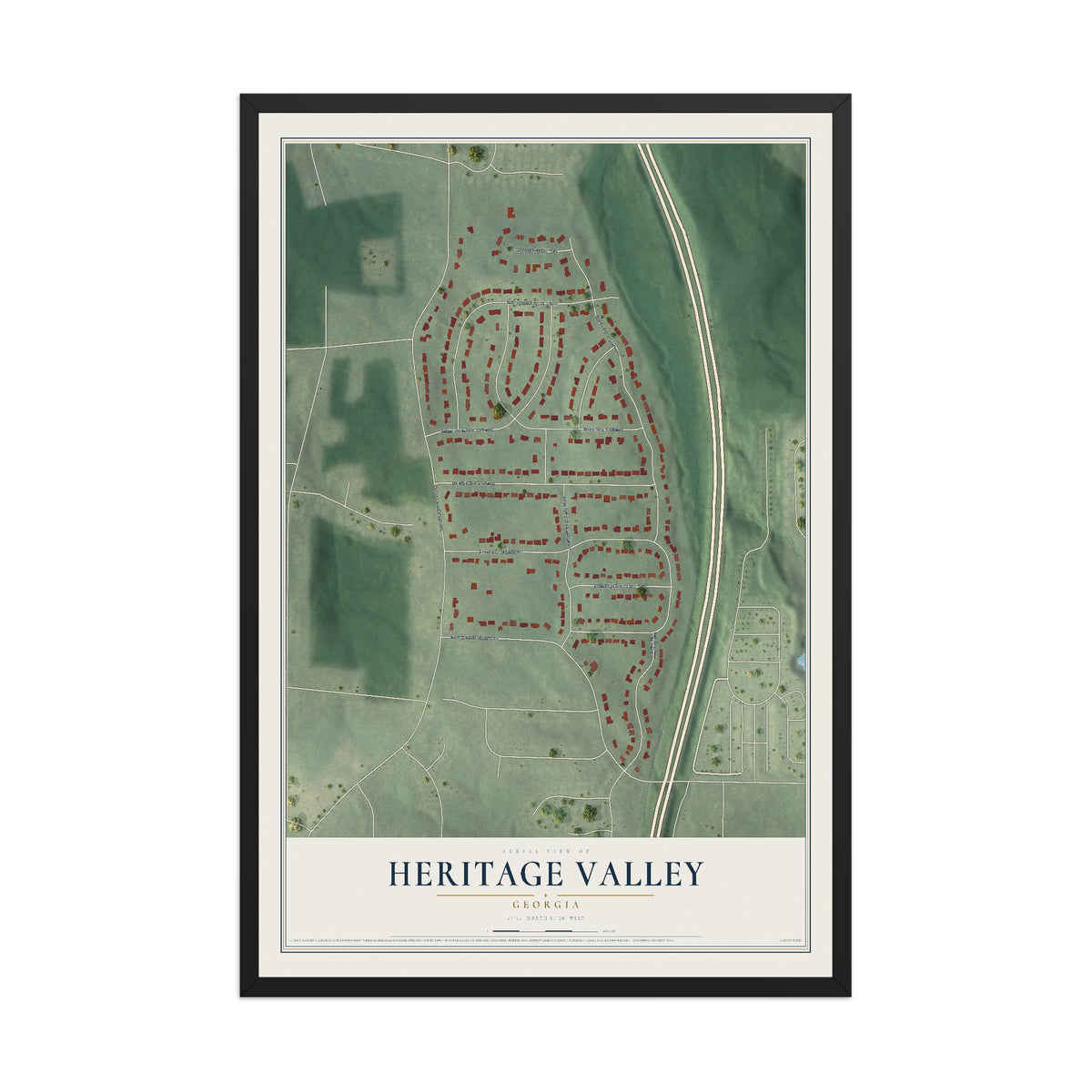 Heritage Valley, Georgia map print, 12" x 18" W/ Black Ayous Wood Frame mockup