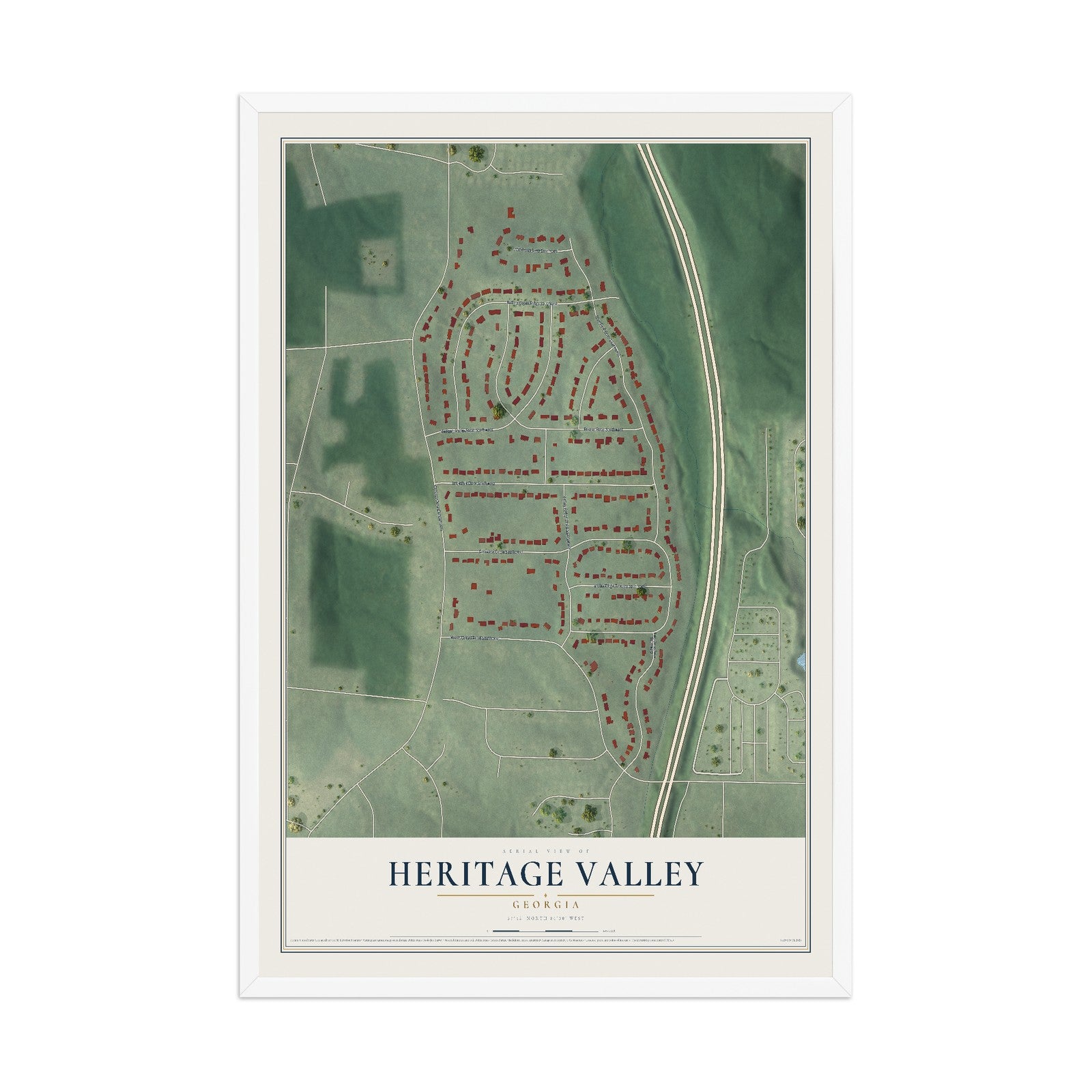 Heritage Valley, Georgia map print, 12" x 18" W/ White Ayous Wood Frame mockup