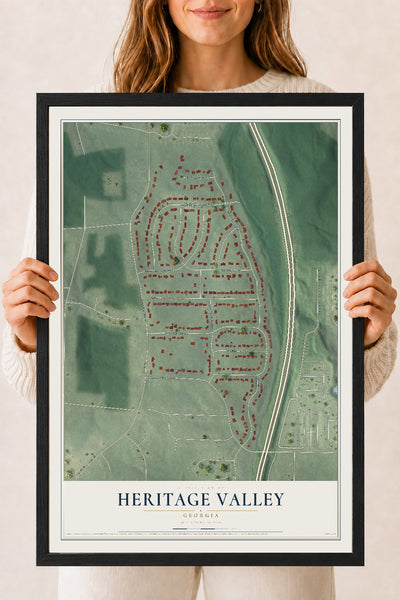 Heritage Valley, Georgia map print, 18" x 24" W/ Black Ayous Wood Frame mockup