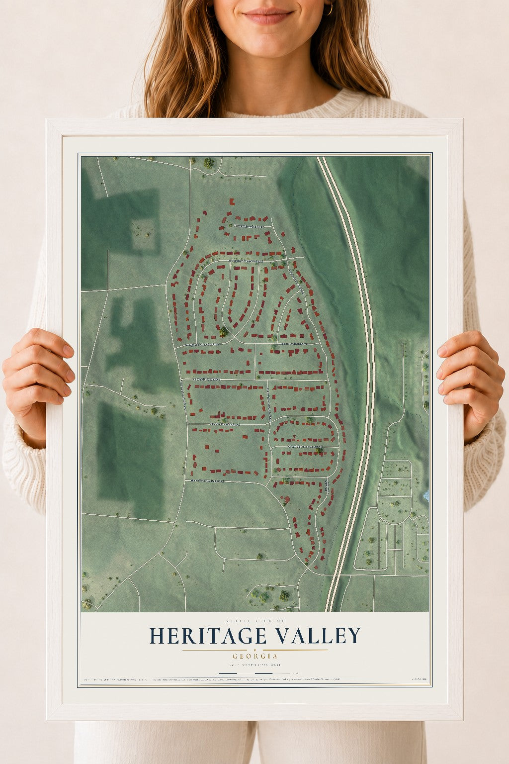 Heritage Valley, Georgia map print, 18" x 24" W/ White Ayous Wood Frame mockup