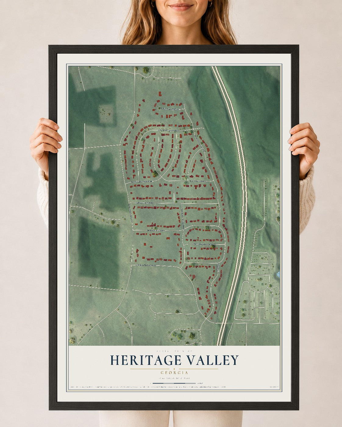 Heritage Valley, Georgia map print, 24" x 36" W/ Black Ayous Wood Frame mockup