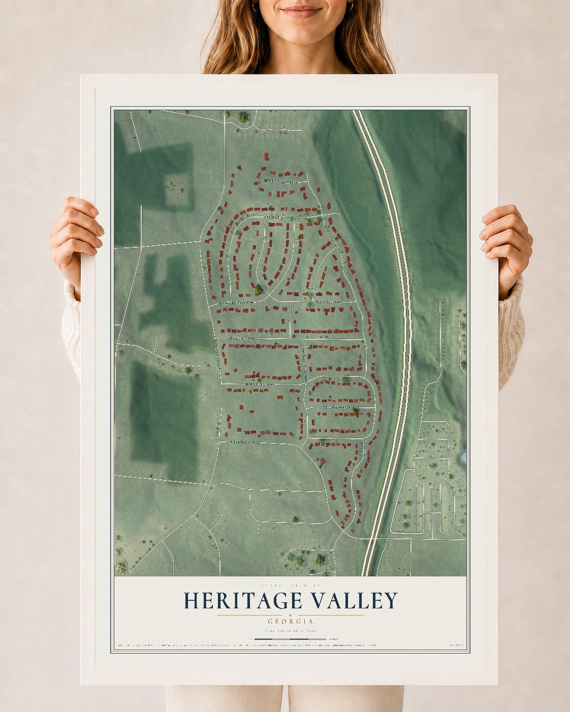 Heritage Valley, Georgia map print, 24" x 36" W/ White Ayous Wood Frame mockup
