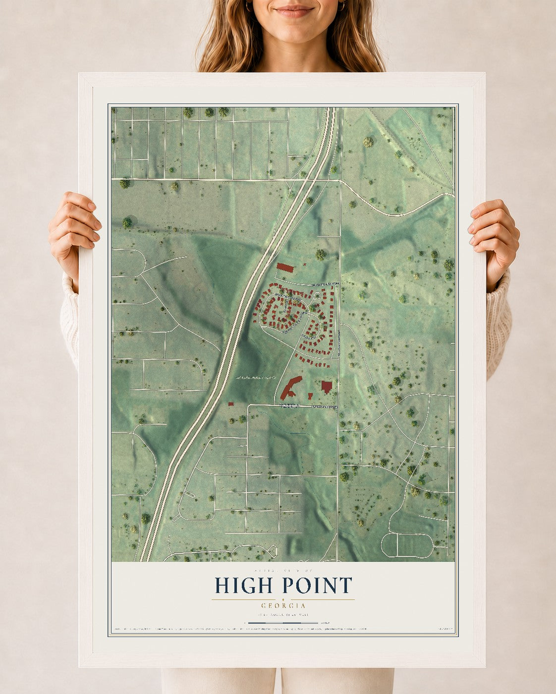 High Point, Georgia map print, 24" x 36" W/ White Ayous Wood Frame mockup
