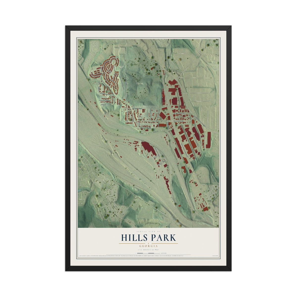 Hills Park, Georgia map print, 12" x 18" W/ Black Ayous Wood Frame mockup