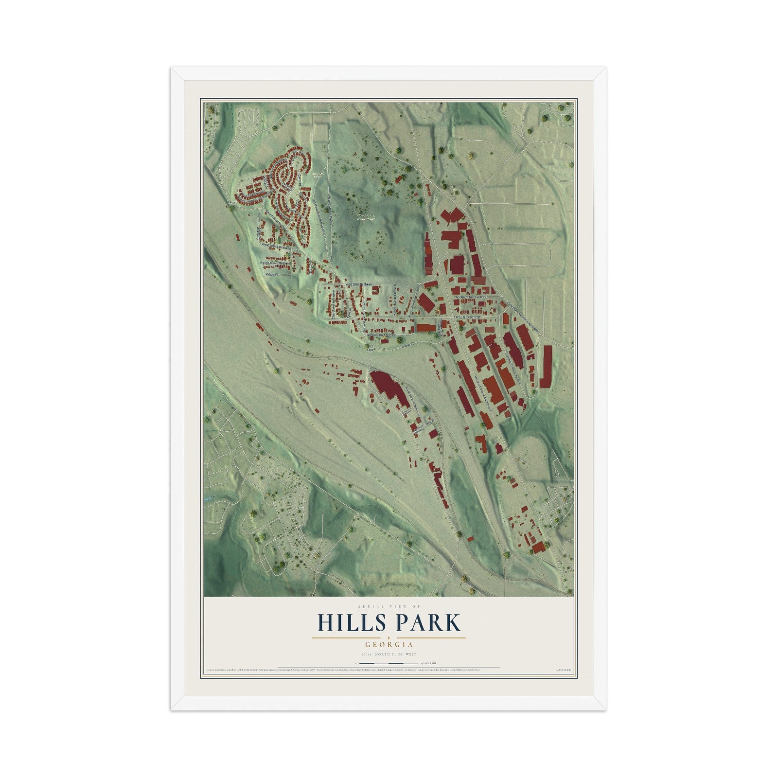 Hills Park, Georgia map print, 12" x 18" W/ White Ayous Wood Frame mockup