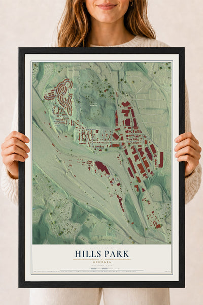 Hills Park, Georgia map print, 18" x 24" W/ Black Ayous Wood Frame mockup