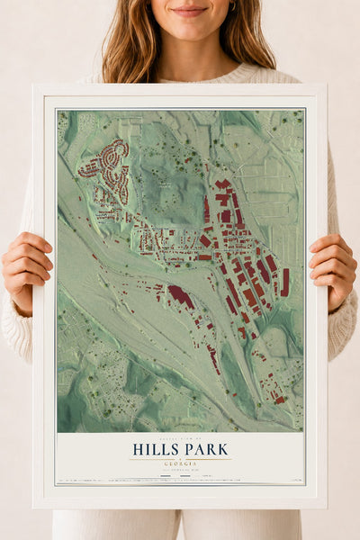 Hills Park, Georgia map print, 18" x 24" W/ White Ayous Wood Frame mockup