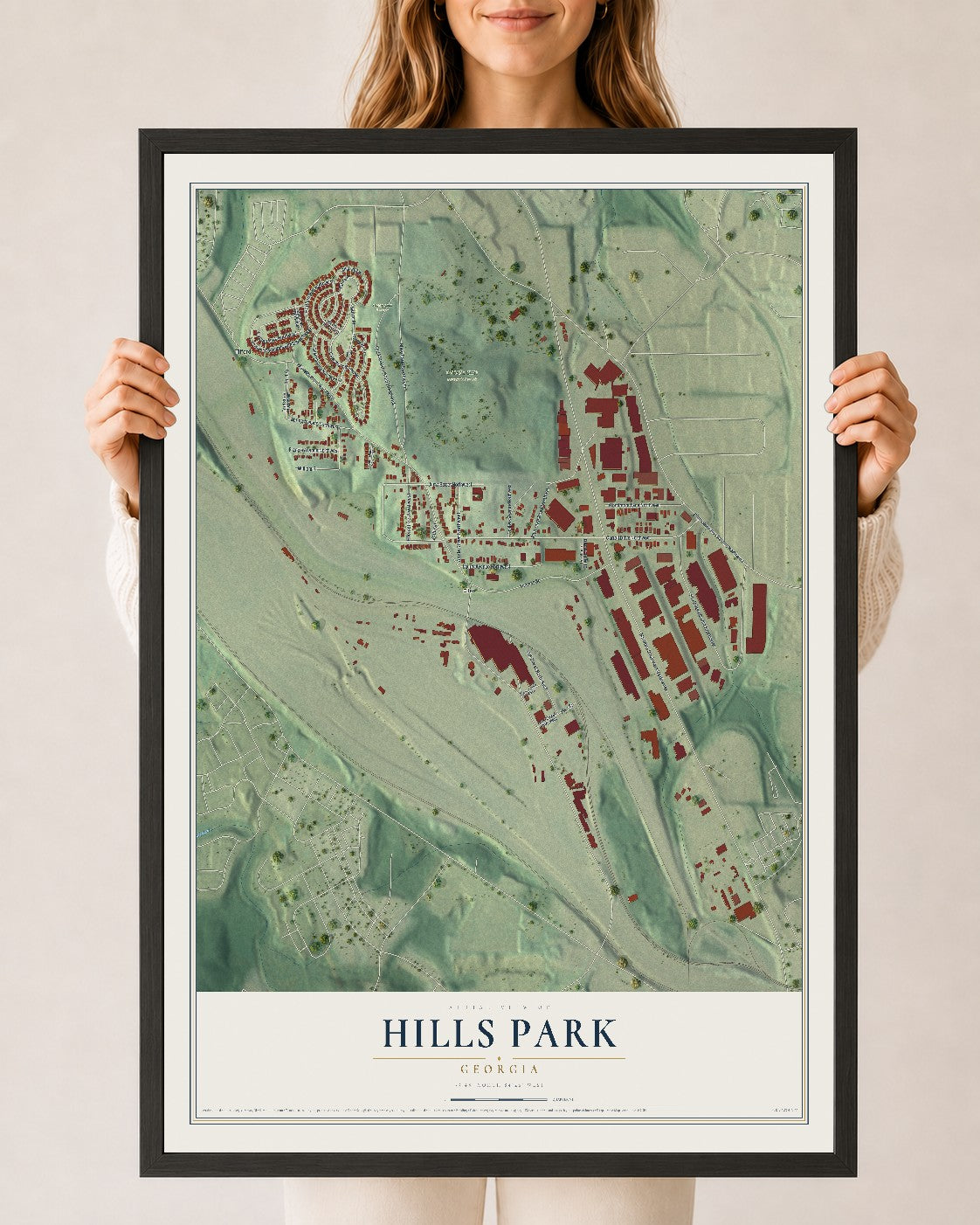 Hills Park, Georgia map print, 24" x 36" W/ Black Ayous Wood Frame mockup