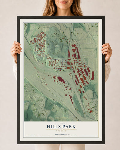 Hills Park, Georgia map print, 24" x 36" W/ Black Ayous Wood Frame mockup