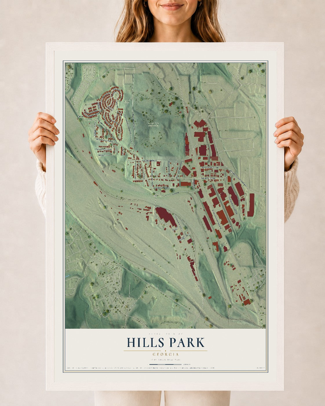 Hills Park, Georgia map print, 24" x 36" W/ White Ayous Wood Frame mockup