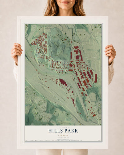 Hills Park, Georgia map print, 24" x 36" W/ White Ayous Wood Frame mockup