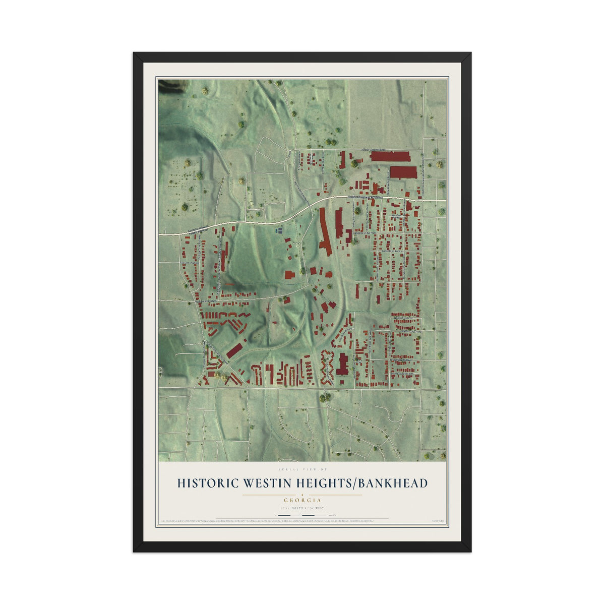 Historic Westin Heights-Bankhead, Georgia map print, 12" x 18" W/ Black Ayous Wood Frame mockup