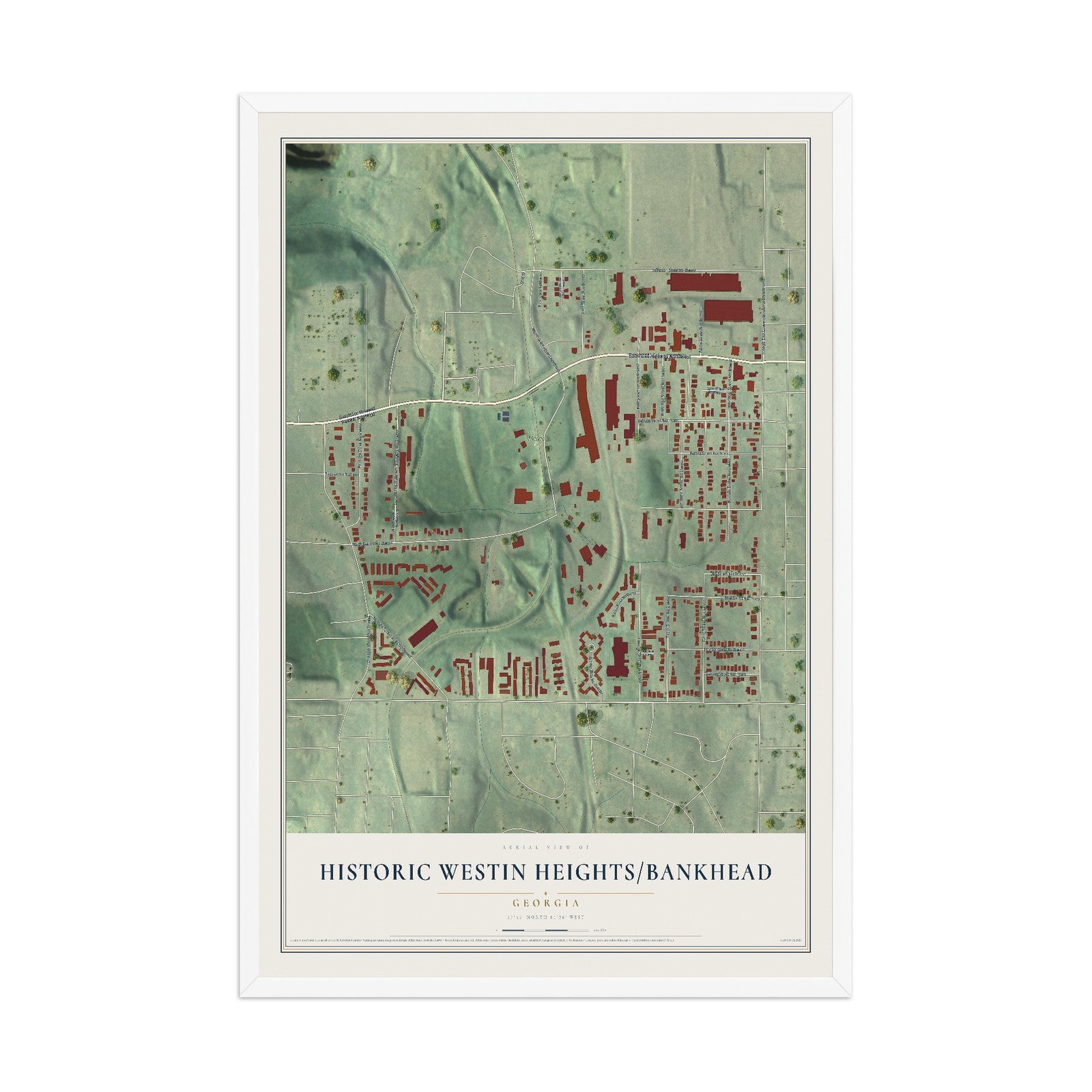Historic Westin Heights-Bankhead, Georgia map print, 12" x 18" W/ White Ayous Wood Frame mockup