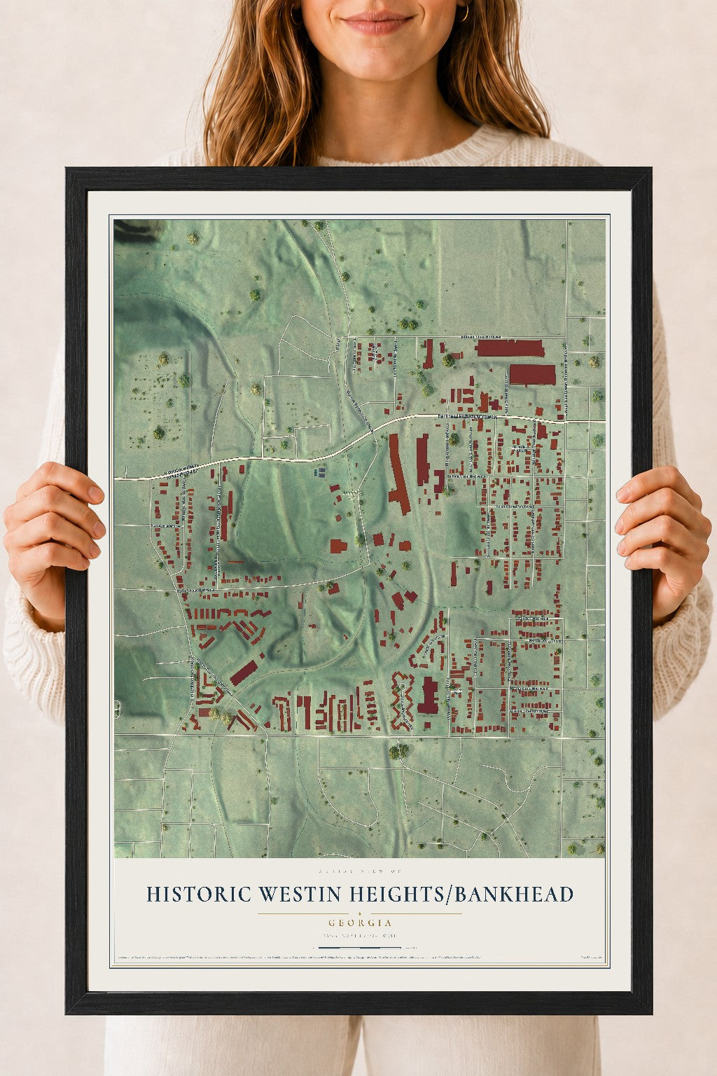 Historic Westin Heights-Bankhead, Georgia map print, 18" x 24" W/ Black Ayous Wood Frame mockup