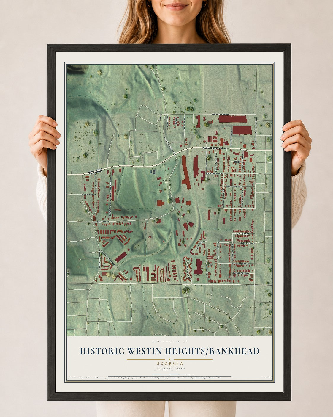 Historic Westin Heights-Bankhead, Georgia map print, 24" x 36" W/ Black Ayous Wood Frame mockup