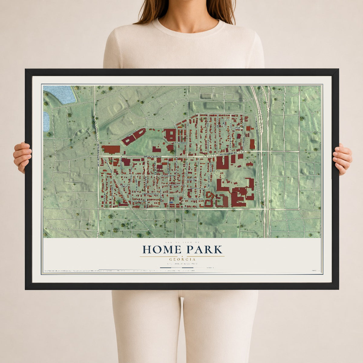 Home Park, Georgia map print, 24" x 36" W/ Black Ayous Wood Frame mockup