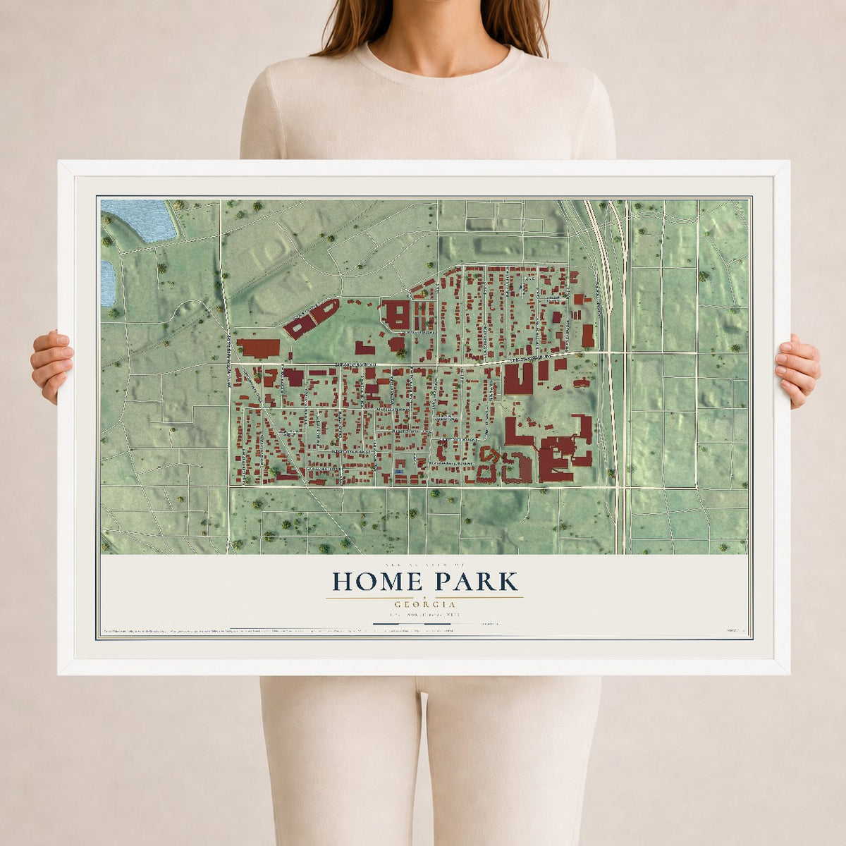 Home Park, Georgia map print, 24" x 36" W/ White Ayous Wood Frame mockup