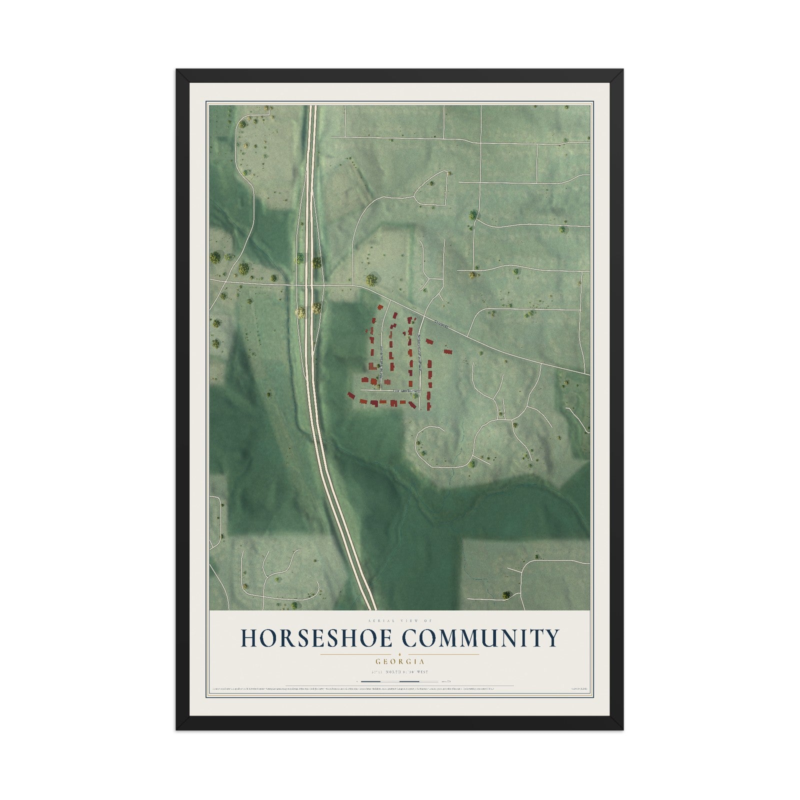 Horseshoe Community, Georgia map print, 12" x 18" W/ Black Ayous Wood Frame mockup