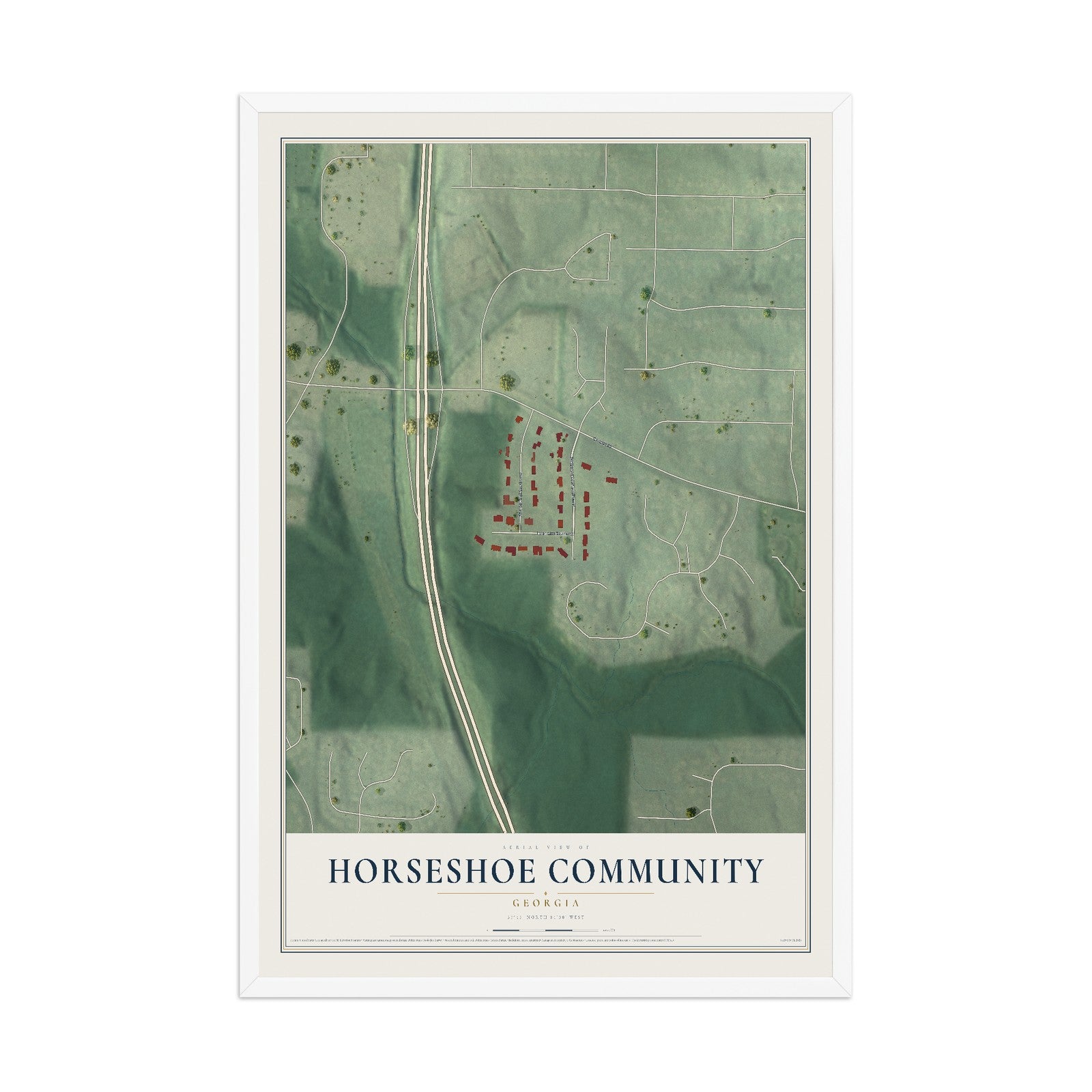 Horseshoe Community, Georgia map print, 12" x 18" W/ White Ayous Wood Frame mockup