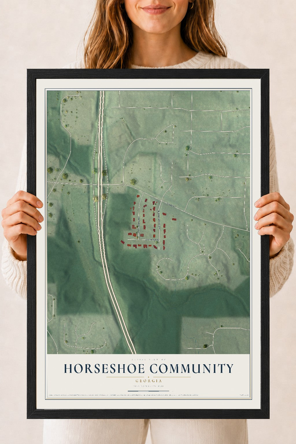 Horseshoe Community, Georgia map print, 18" x 24" W/ Black Ayous Wood Frame mockup
