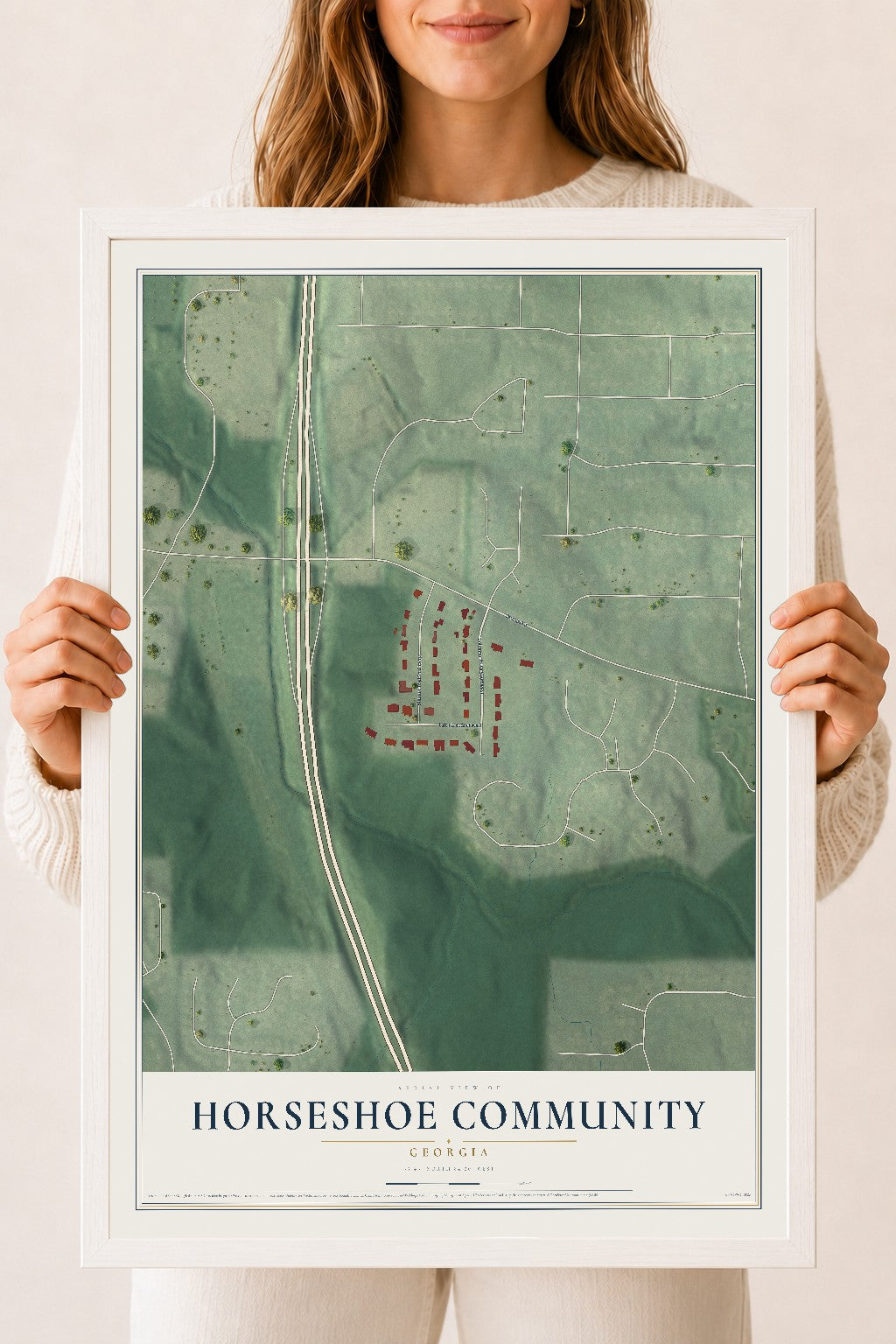 Horseshoe Community, Georgia map print, 18" x 24" W/ White Ayous Wood Frame mockup
