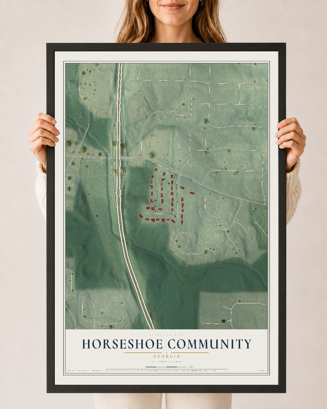 Horseshoe Community, Georgia map print, 24" x 36" W/ Black Ayous Wood Frame mockup