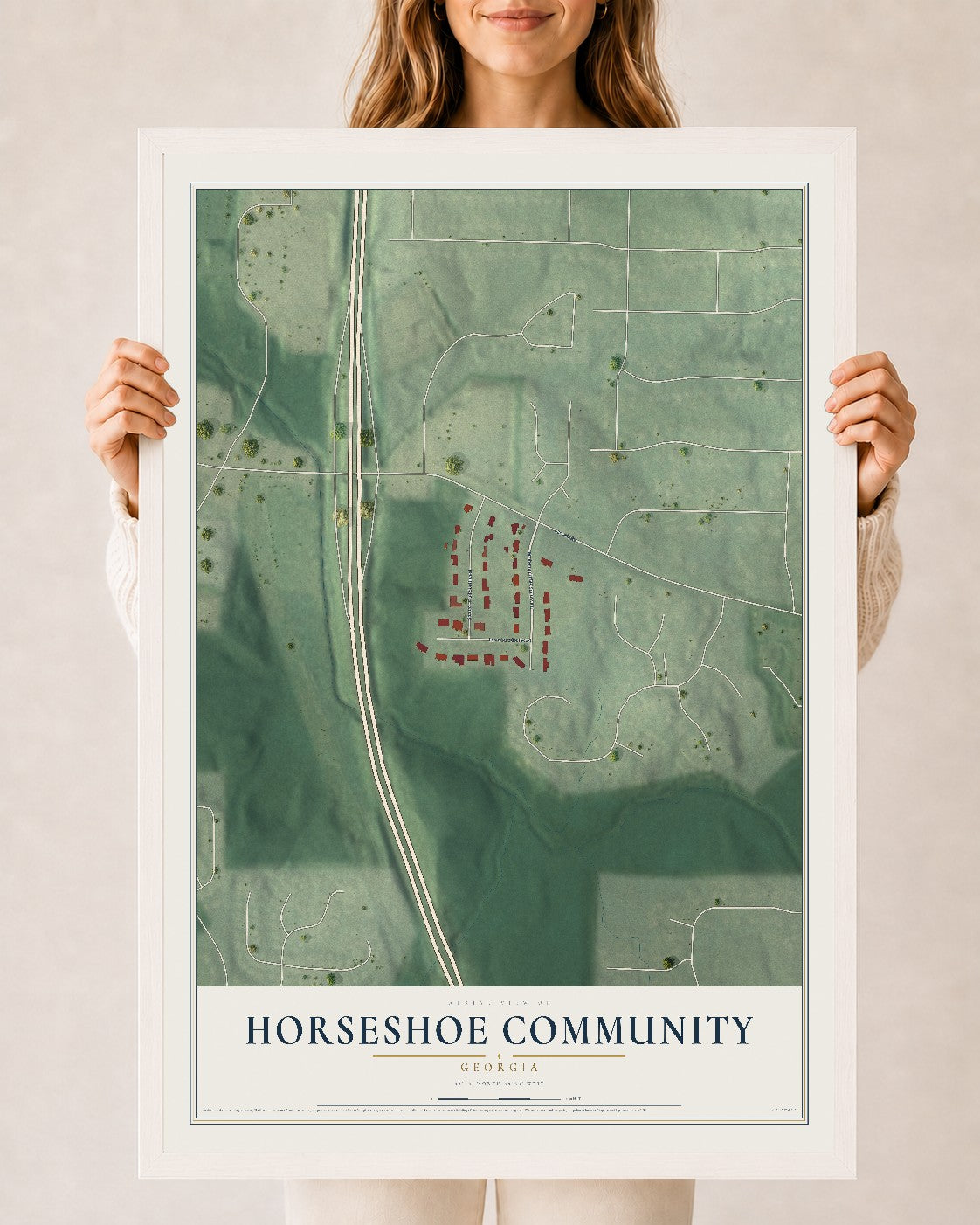 Horseshoe Community, Georgia map print, 24" x 36" W/ White Ayous Wood Frame mockup