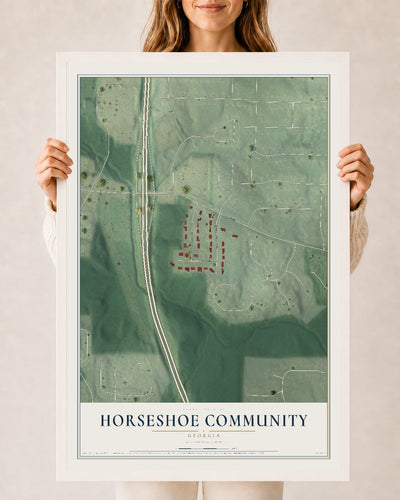 Horseshoe Community, Georgia map print, 24" x 36" W/ White Ayous Wood Frame mockup