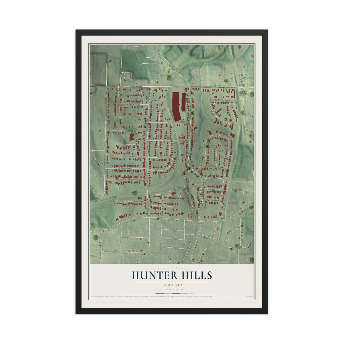 Hunter Hills, Georgia map print, 12" x 18" W/ Black Ayous Wood Frame mockup