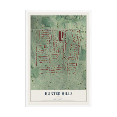 Hunter Hills, Georgia map print, 12" x 18" W/ White Ayous Wood Frame mockup