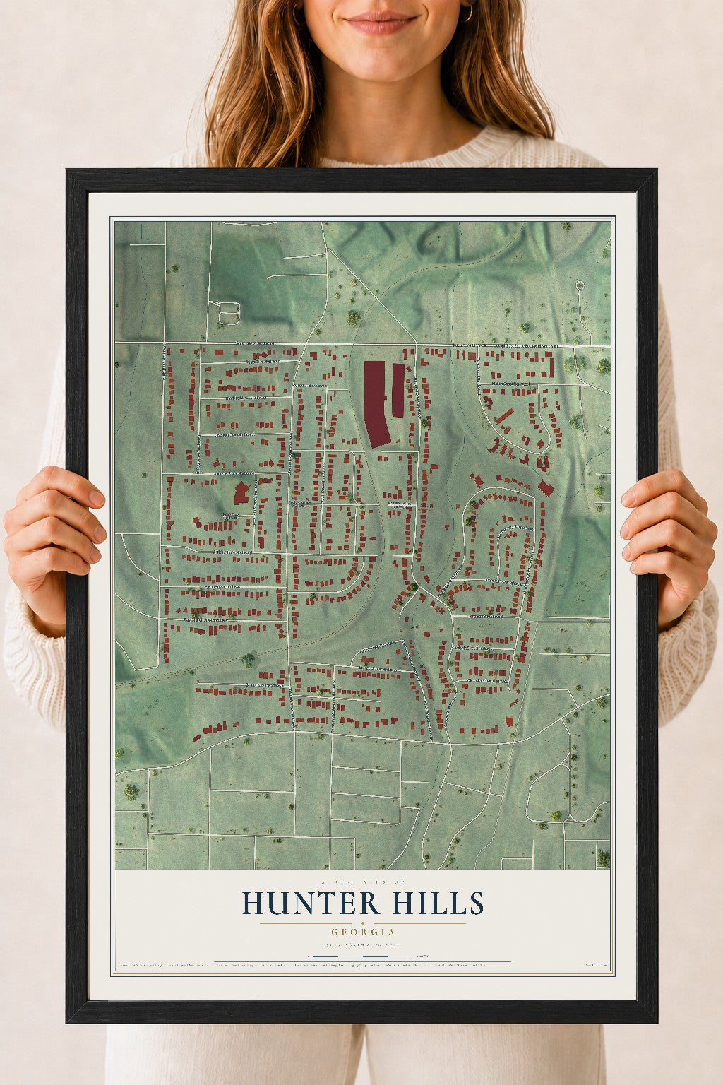 Hunter Hills, Georgia map print, 18" x 24" W/ Black Ayous Wood Frame mockup