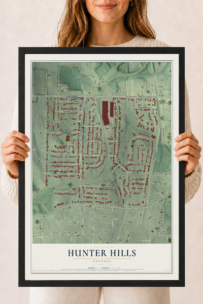 Hunter Hills, Georgia map print, 18" x 24" W/ Black Ayous Wood Frame mockup