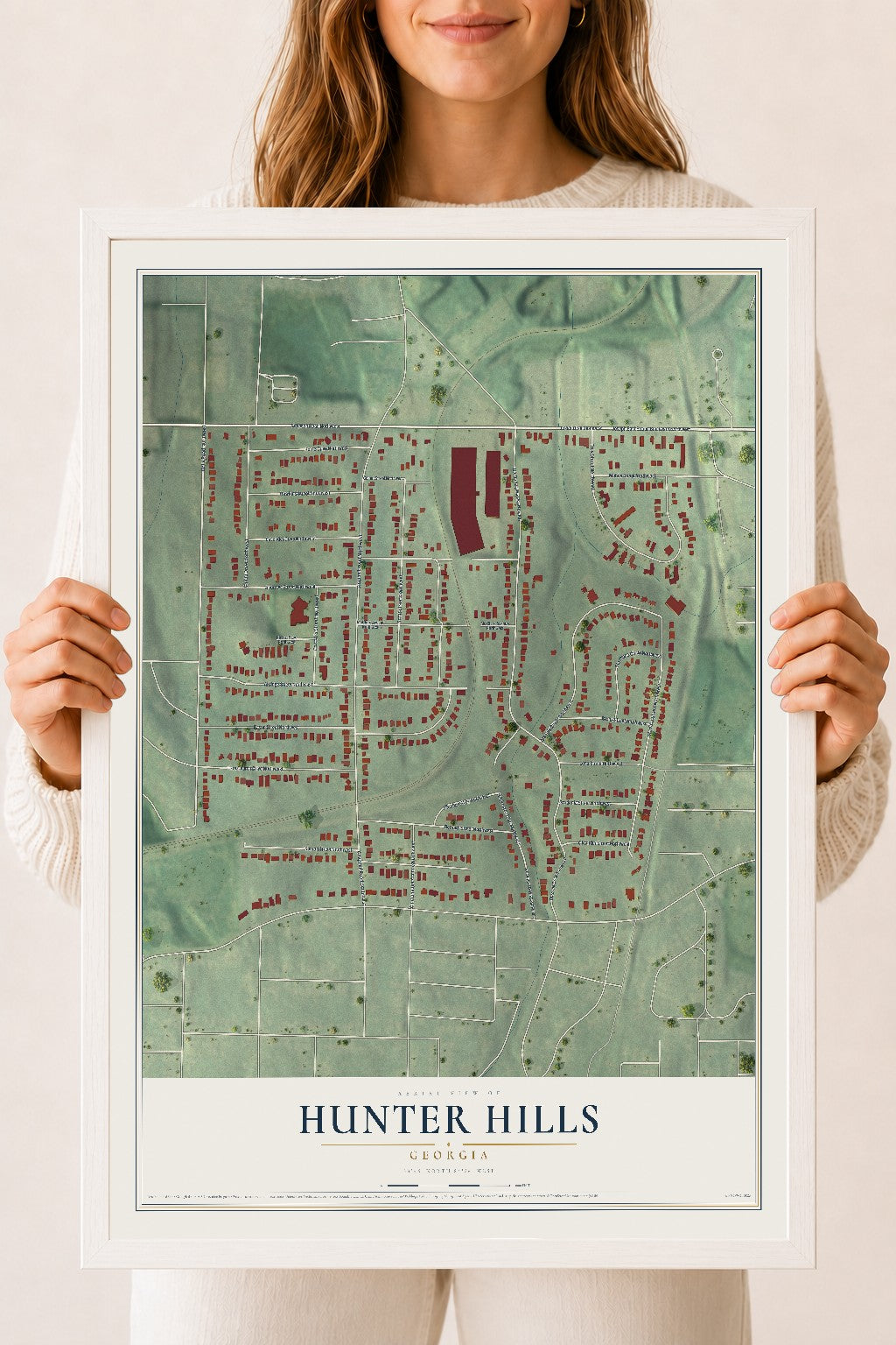 Hunter Hills, Georgia map print, 18" x 24" W/ White Ayous Wood Frame mockup