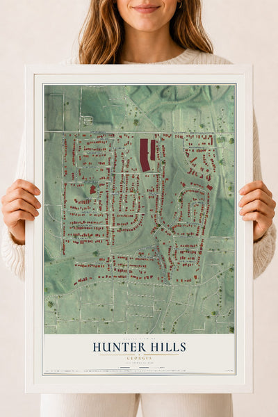 Hunter Hills, Georgia map print, 18" x 24" W/ White Ayous Wood Frame mockup