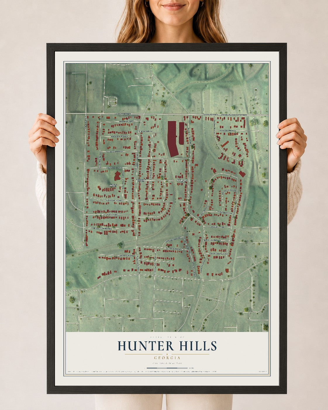Hunter Hills, Georgia map print, 24" x 36" W/ Black Ayous Wood Frame mockup